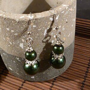 Handcrafted Dark Green Antiqued Silver Glass Pearl Drop Earrings